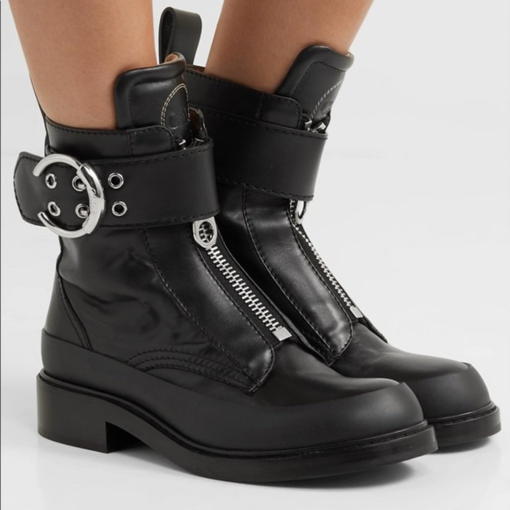 Chloe Roy Combat Ankle Moto Boots Black Leather